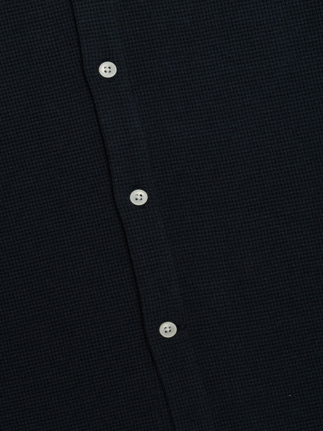 Short Sleeve Textured Button-Through Navy Shirt