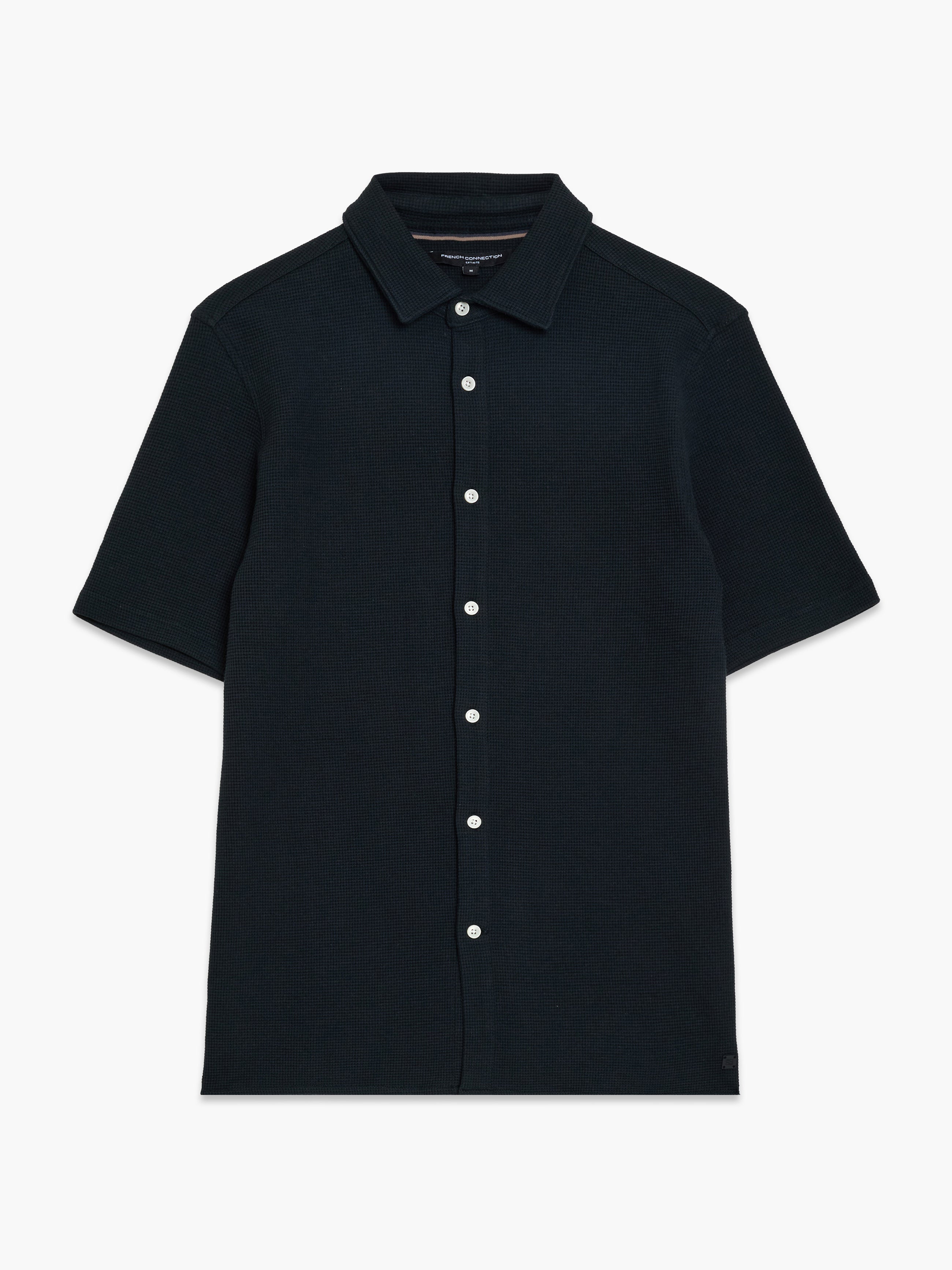 Short Sleeve Textured Button-Through Navy Shirt