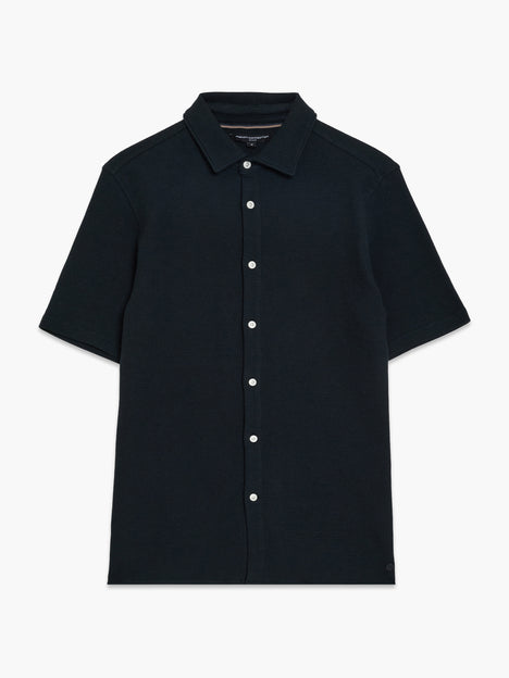 Short Sleeve Textured Button-Through Navy Shirt