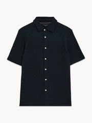 Short Sleeve Textured Button-Through Navy Shirt