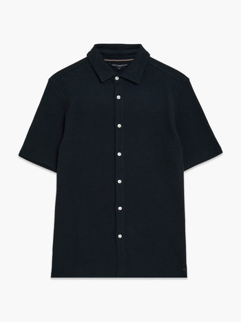Short Sleeve Textured Button-Through Navy Shirt