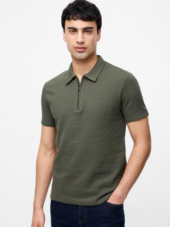 Jacquard Waffle Zip Polo Shirt