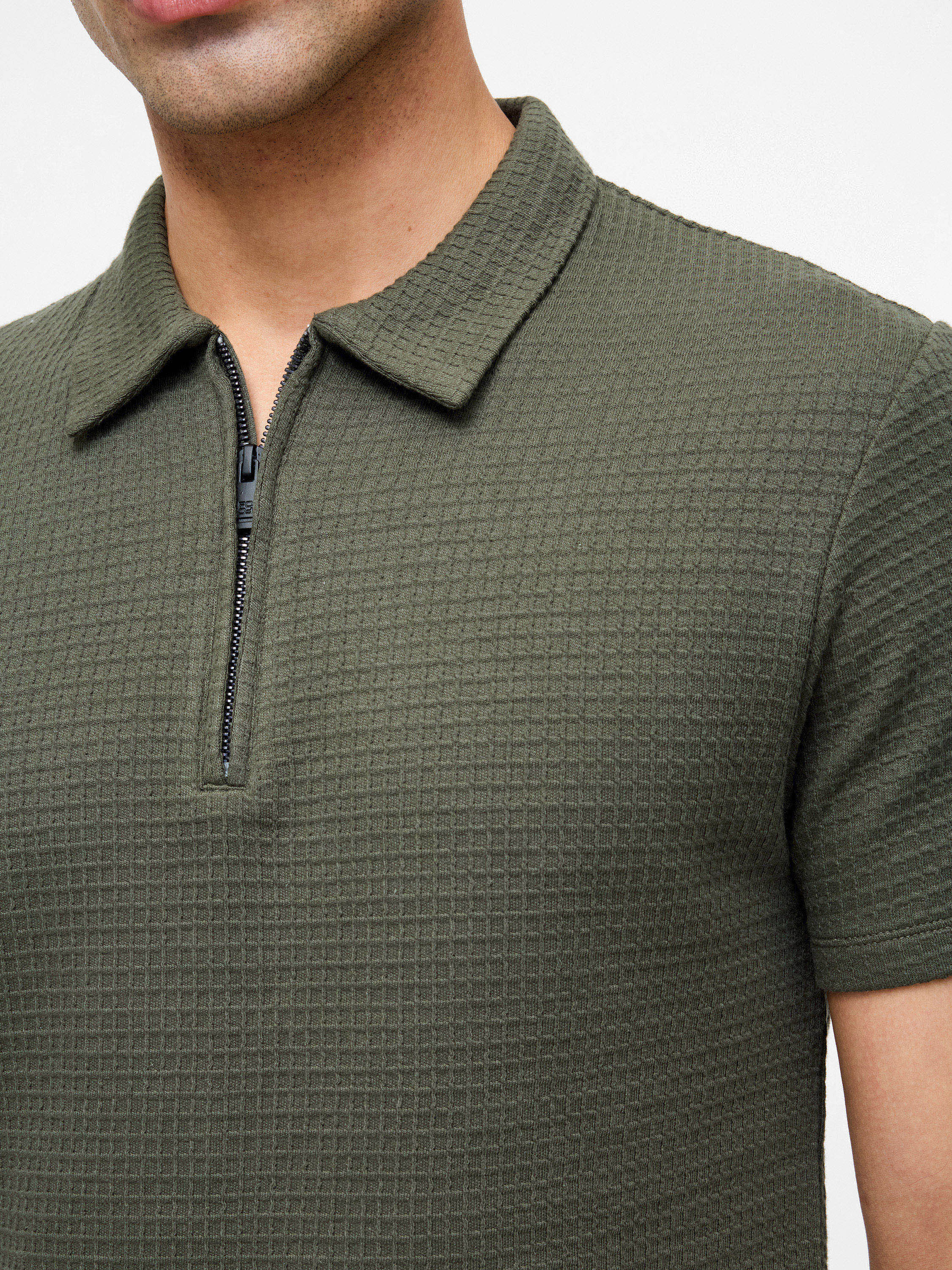 Jacquard Waffle Zip Polo Shirt