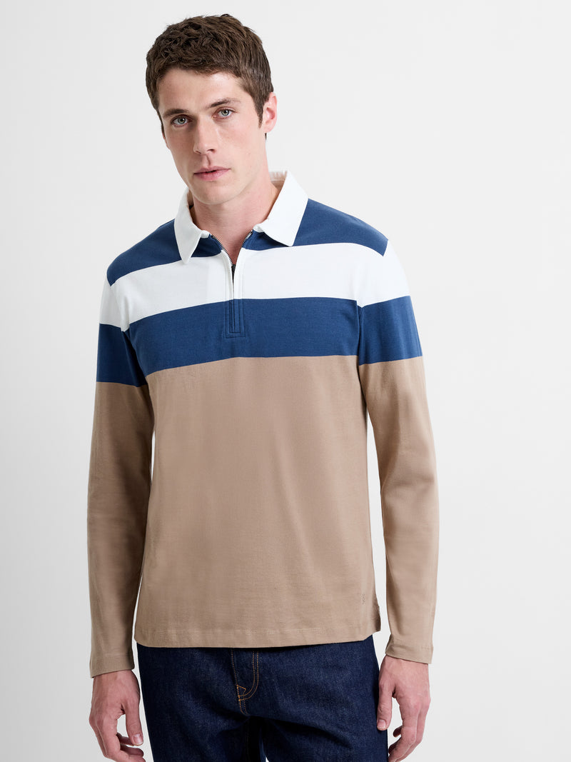 Long Sleeve Striped Zippered Polo Shirt