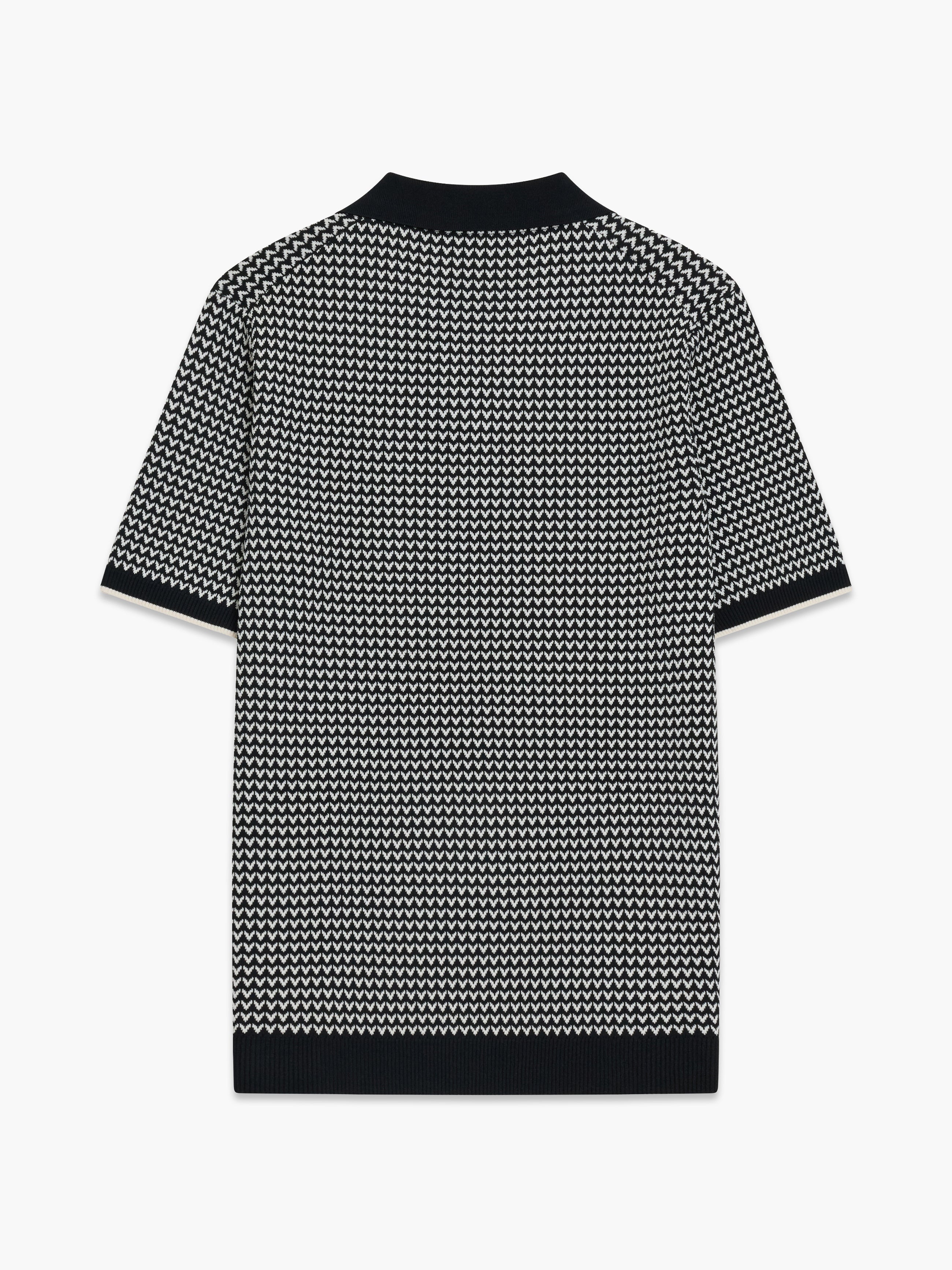 Short Sleeve Black and White Jacquard Knit Polo Shirt