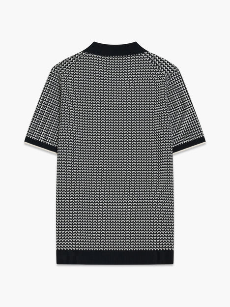 Short Sleeve Black and White Jacquard Knit Polo Shirt
