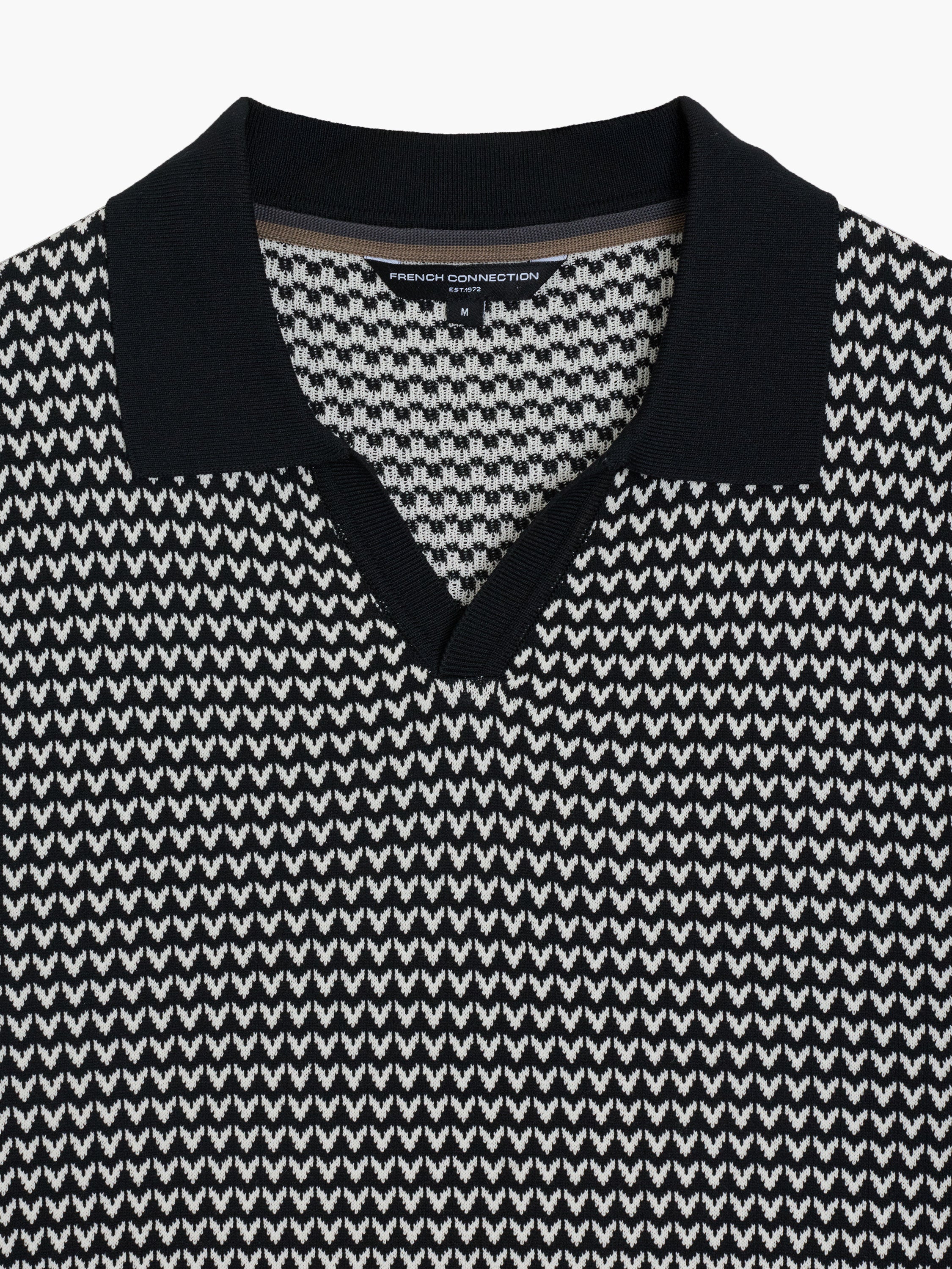 Short Sleeve Black and White Jacquard Knit Polo Shirt