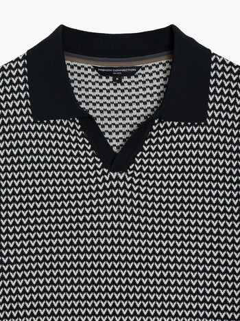 Short Sleeve Black and White Jacquard Knit Polo Shirt