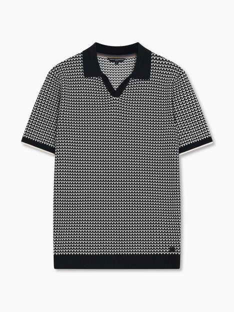 Short Sleeve Black and White Jacquard Knit Polo Shirt