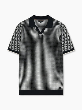 Short Sleeve Black and White Jacquard Knit Polo Shirt