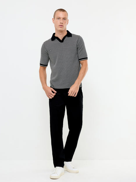 Short Sleeve Black and White Jacquard Knit Polo Shirt