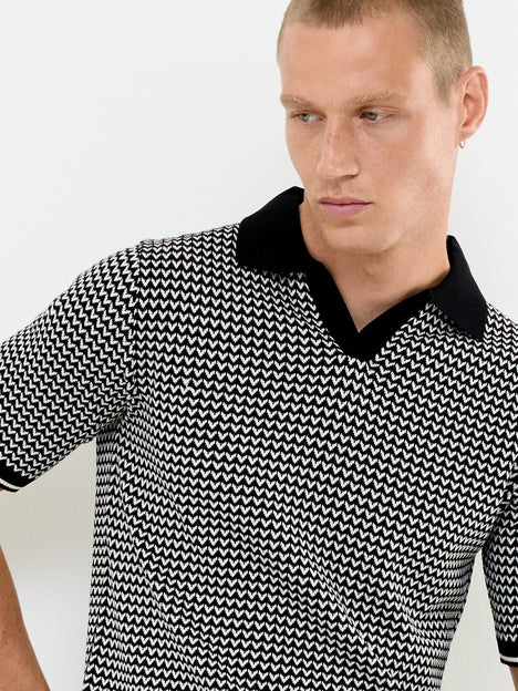 Short Sleeve Black and White Jacquard Knit Polo Shirt