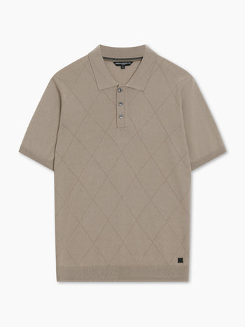 Short Sleeve Light Brown Tonal Argyle Knit Polo Shirt