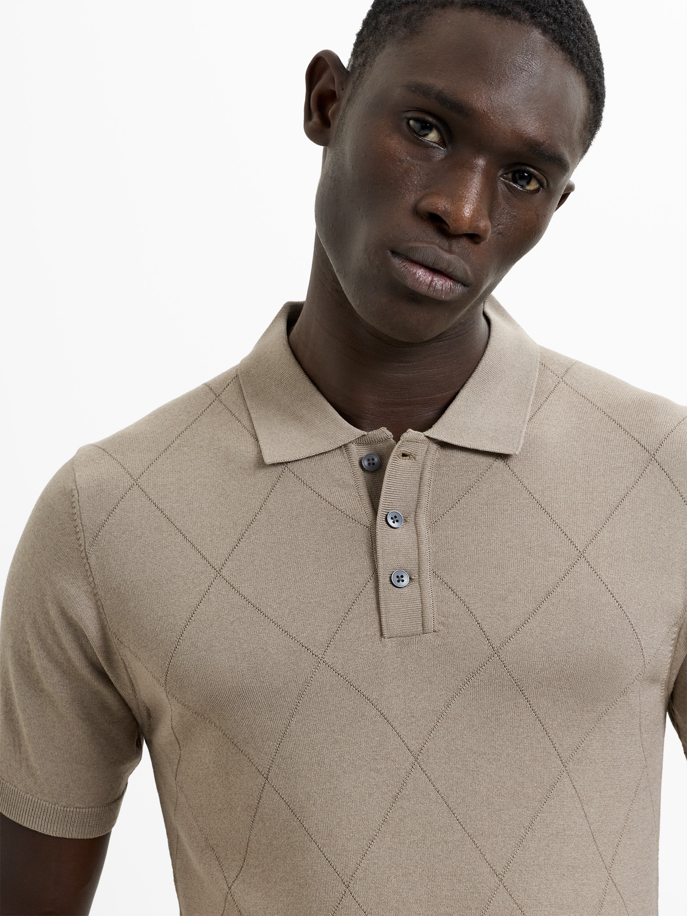 Short Sleeve Light Brown Tonal Argyle Knit Polo Shirt