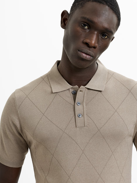 Short Sleeve Light Brown Tonal Argyle Knit Polo Shirt