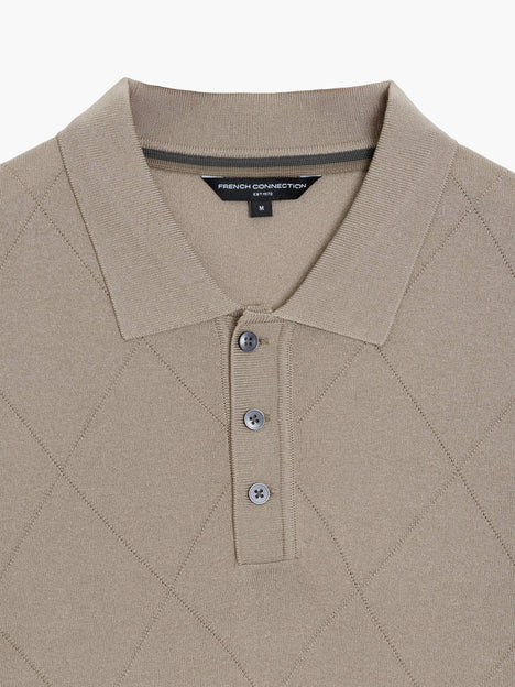 Short Sleeve Light Brown Tonal Argyle Knit Polo Shirt