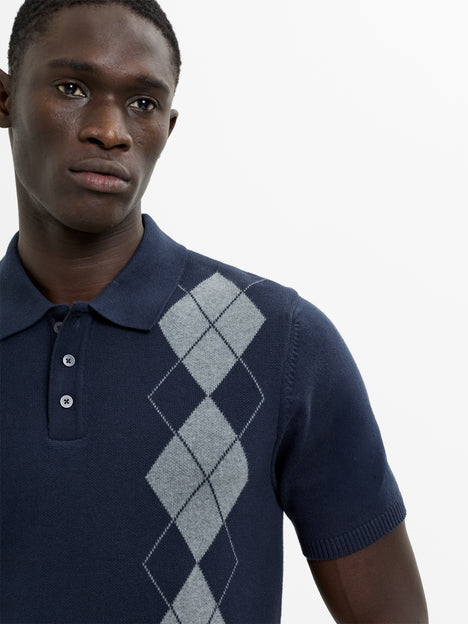 Short Sleeve Argyle Knit Navy Polo Shirt