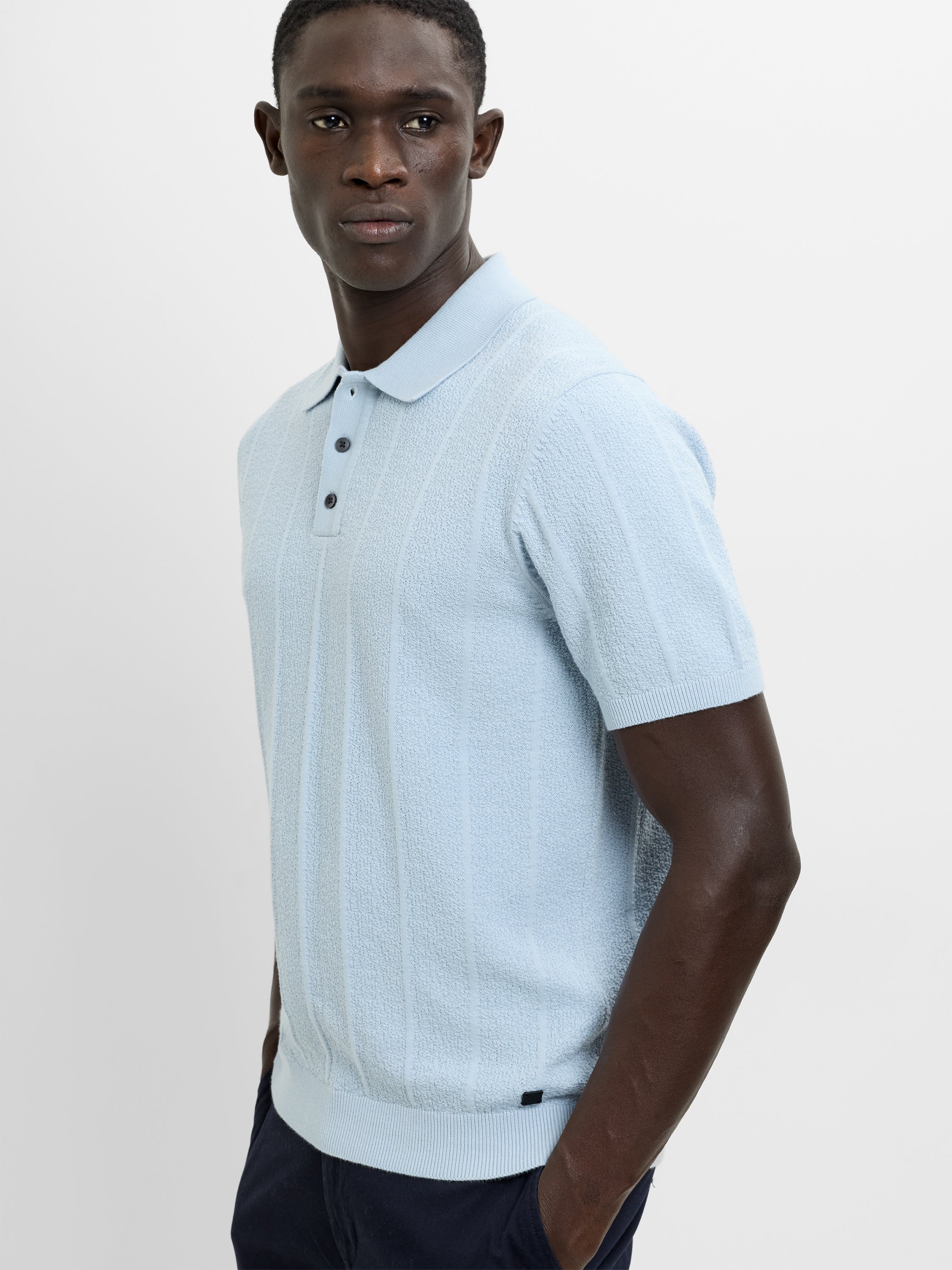 Short Sleeve Light Blue Textured Knit Polo Shirt