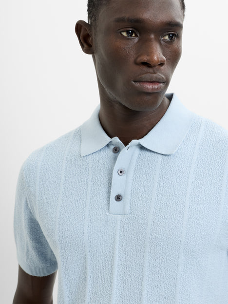 Short Sleeve Light Blue Textured Knit Polo Shirt