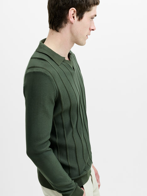 Open Collar Vertical Stitch Green Knit Top