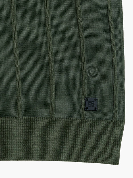 Open Collar Vertical Stitch Green Knit Top
