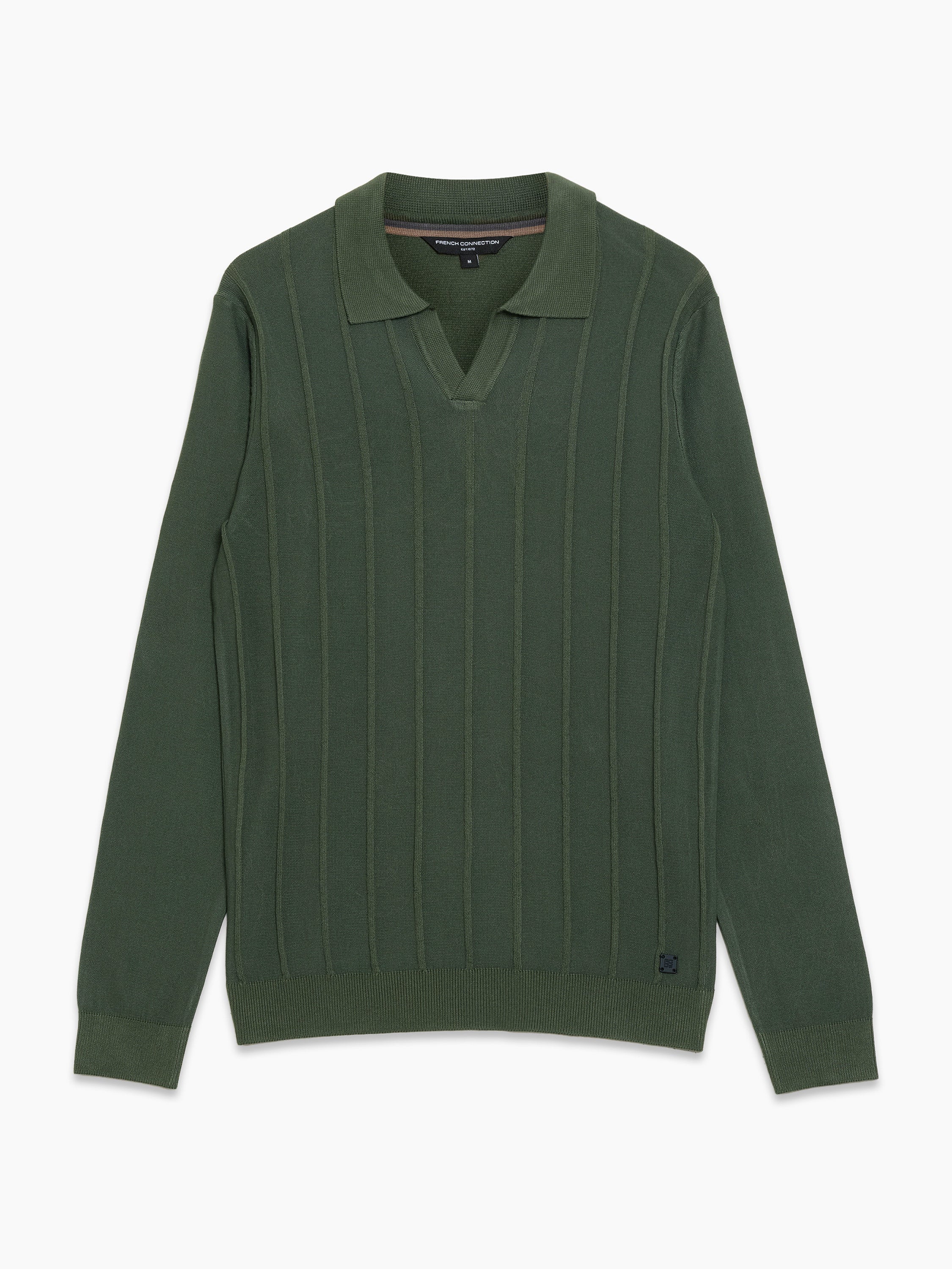 Open Collar Vertical Stitch Green Knit Top