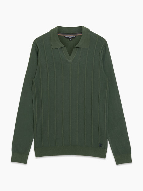 Open Collar Vertical Stitch Green Knit Top
