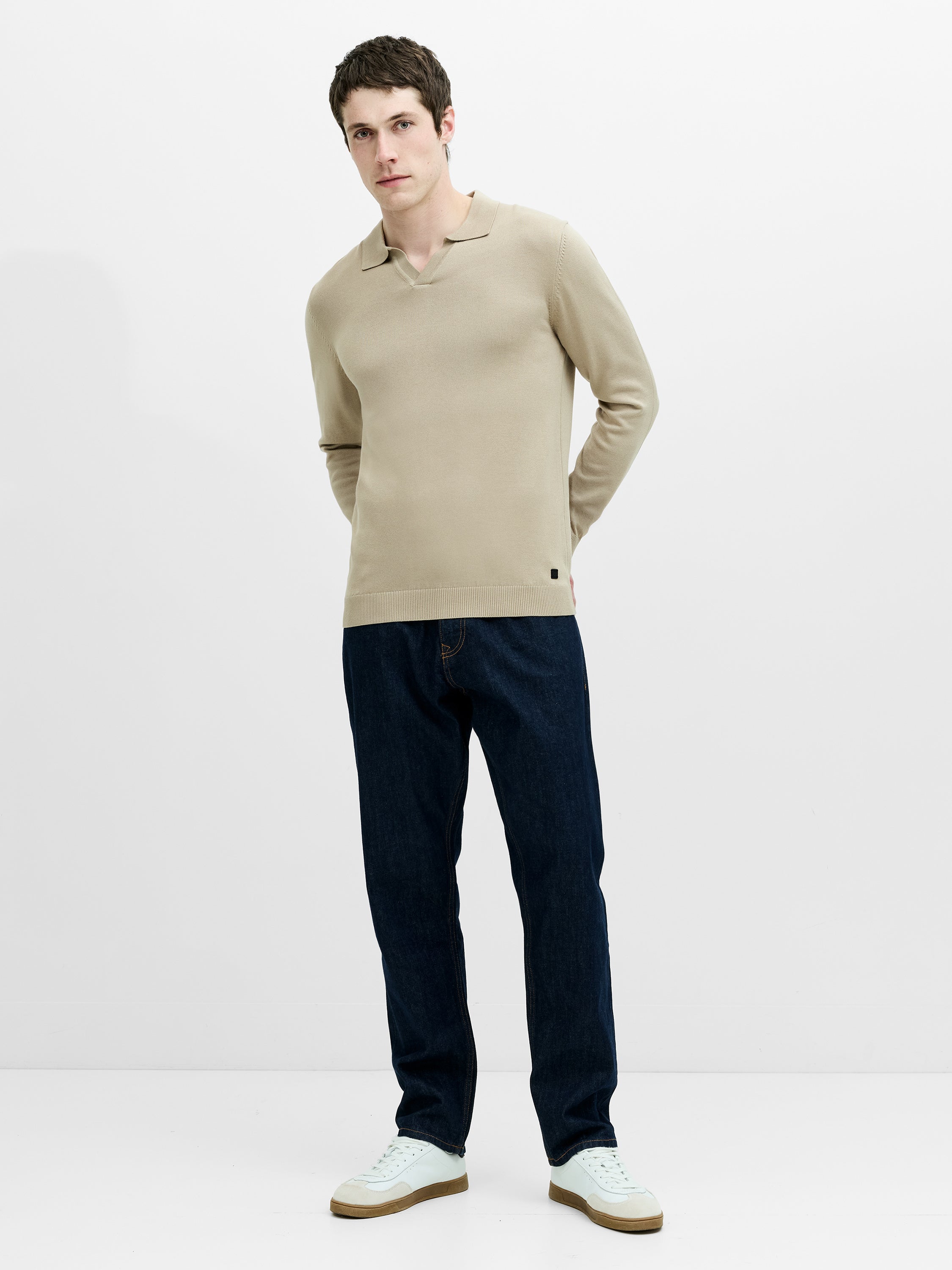 Open Collar Long Sleeve Stone Knit Top