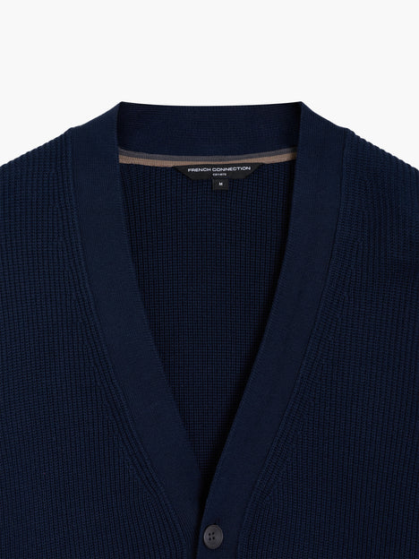 Navy Button Through Ribbed Knit Cardigan