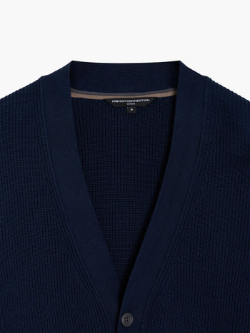 Navy Button Through Ribbed Knit Cardigan