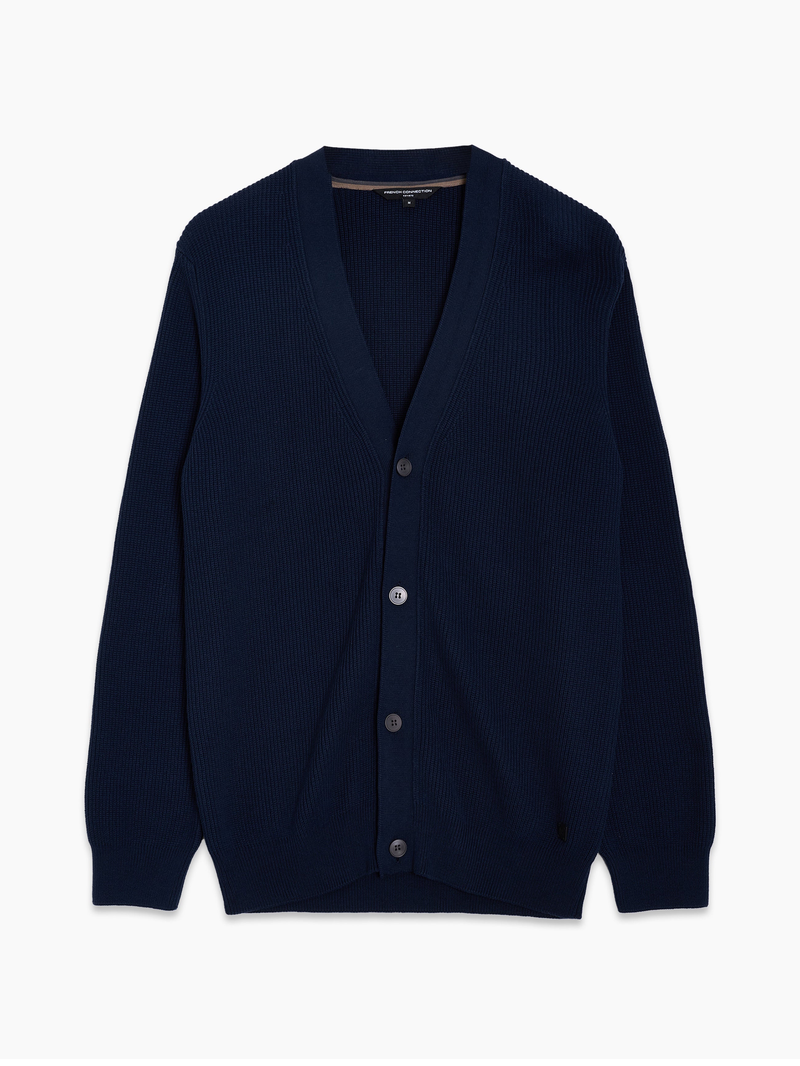 Navy Button Through Ribbed Knit Cardigan