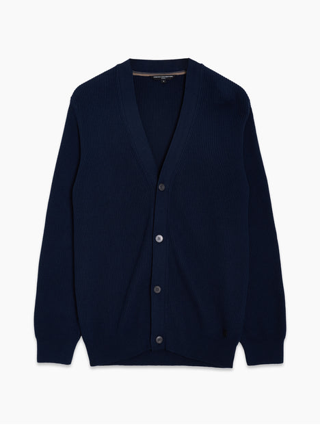 Navy Button Through Ribbed Knit Cardigan