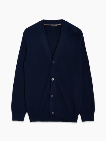 Navy Button Through Ribbed Knit Cardigan
