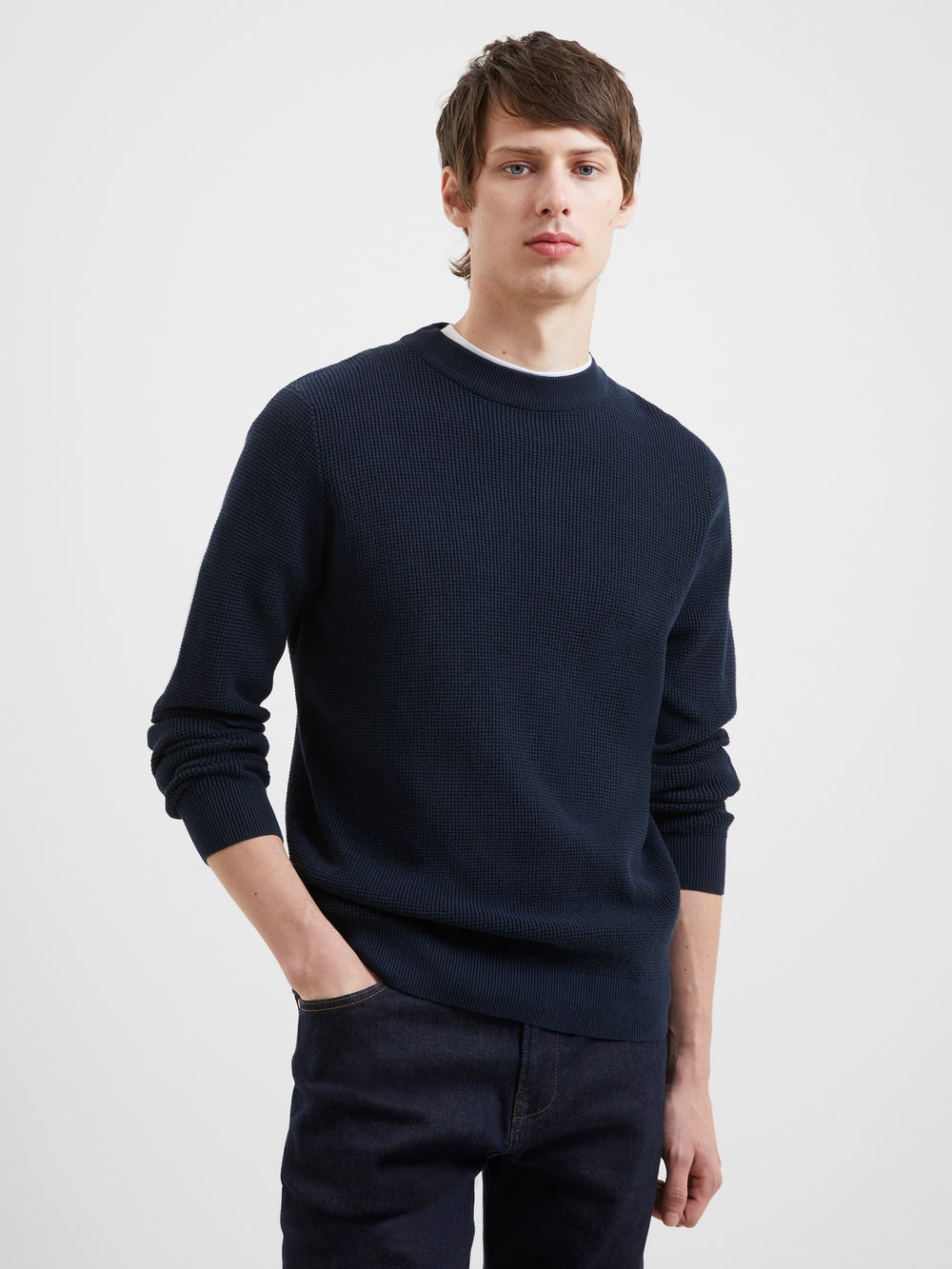 Blue Waffle Knit Round Neck Sweater