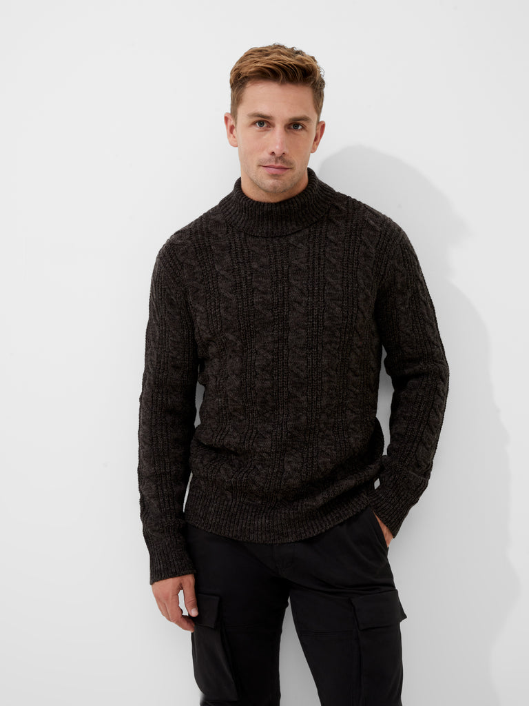 Cable Knit Roll Neck Jumper Grey/Dark Navy | French Connection UK