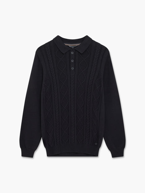 Long Sleeve Cable Knit Polo Jumper