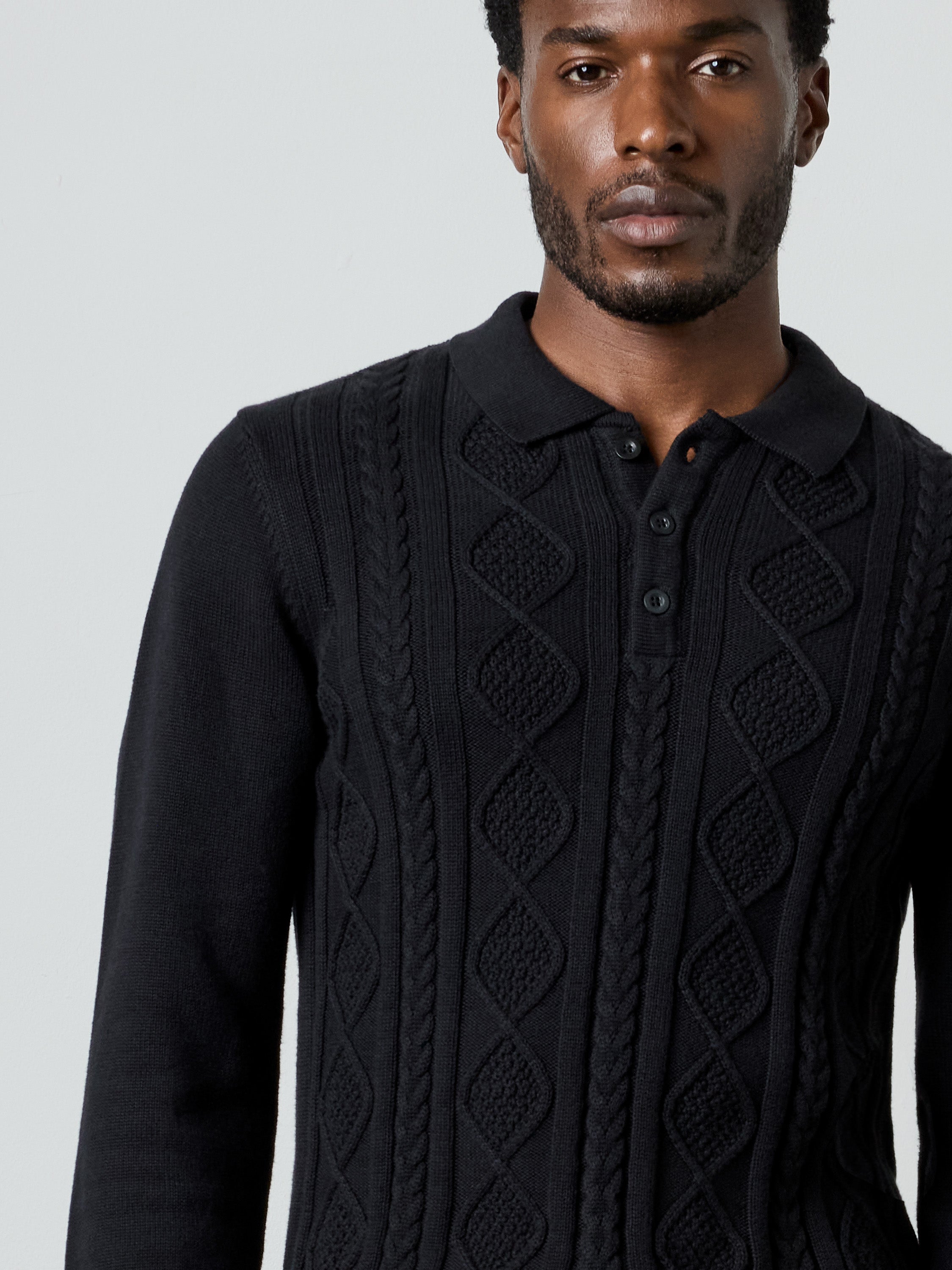 Long Sleeve Cable Knit Polo Jumper Black French Connection UK