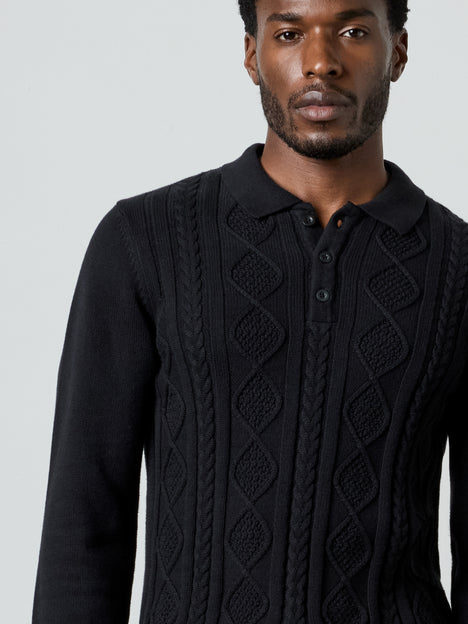 Long Sleeve Cable Knit Polo Jumper