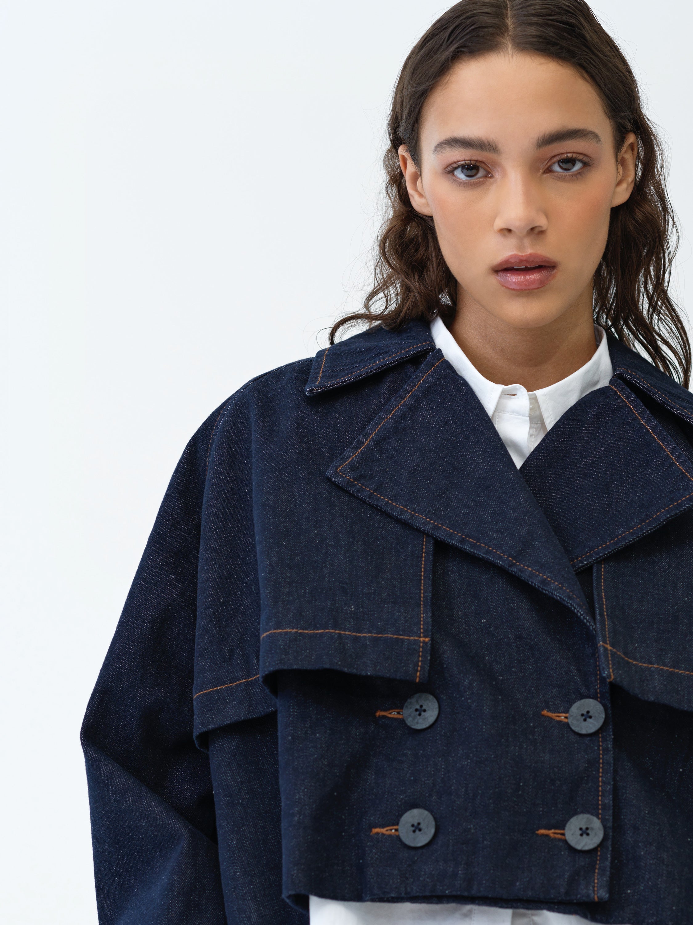 Aussie Denim Cropped Trench Coat Dark Indigo | French Connection UK