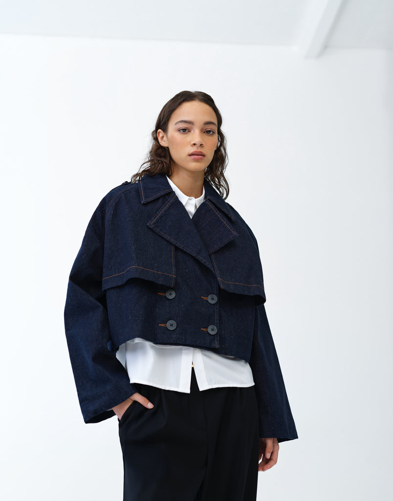 Aussie Denim Cropped Trench Coat Dark Indigo | French Connection UK