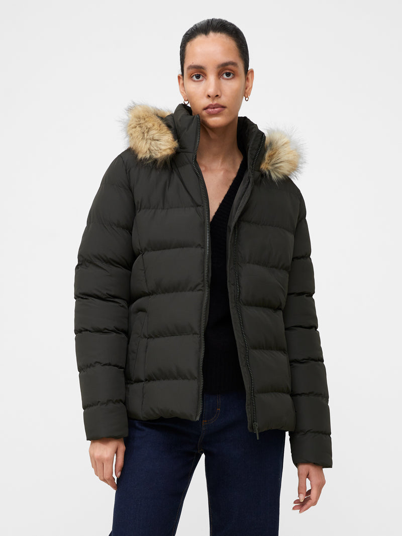 Mock-Neck Faux-Leather Puffer Jacket for Women