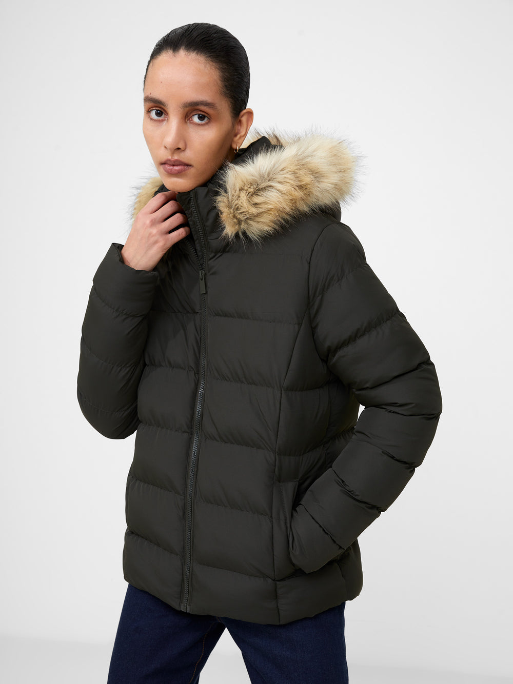 Mock-Neck Faux-Leather Puffer Jacket for Women