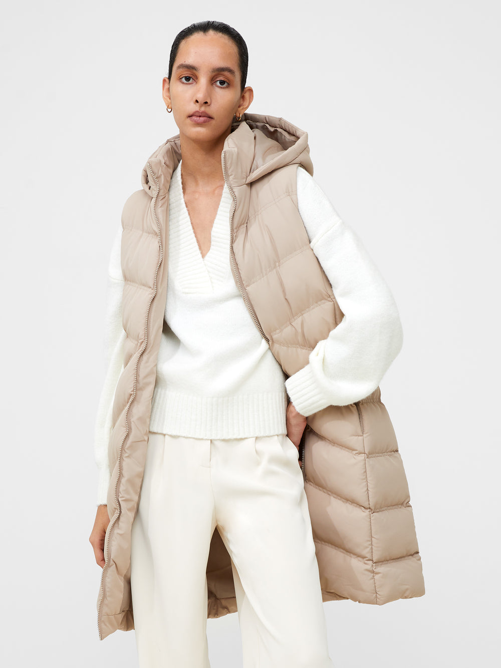 Mid Length Hooded Gilet Putty French Connection UK