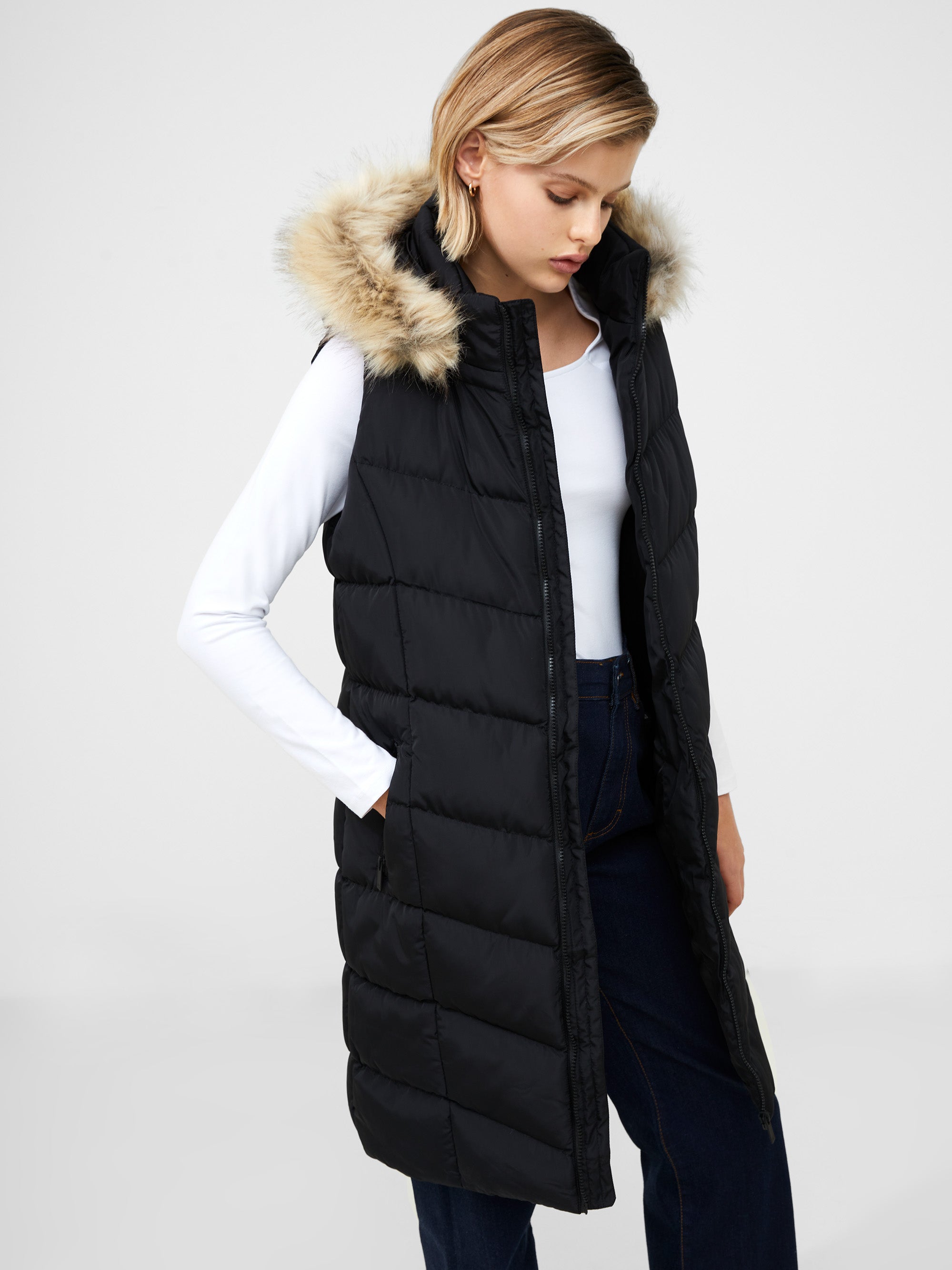 Faux Fur Hooded Chevron Puffer Gilet Black | French Connection UK