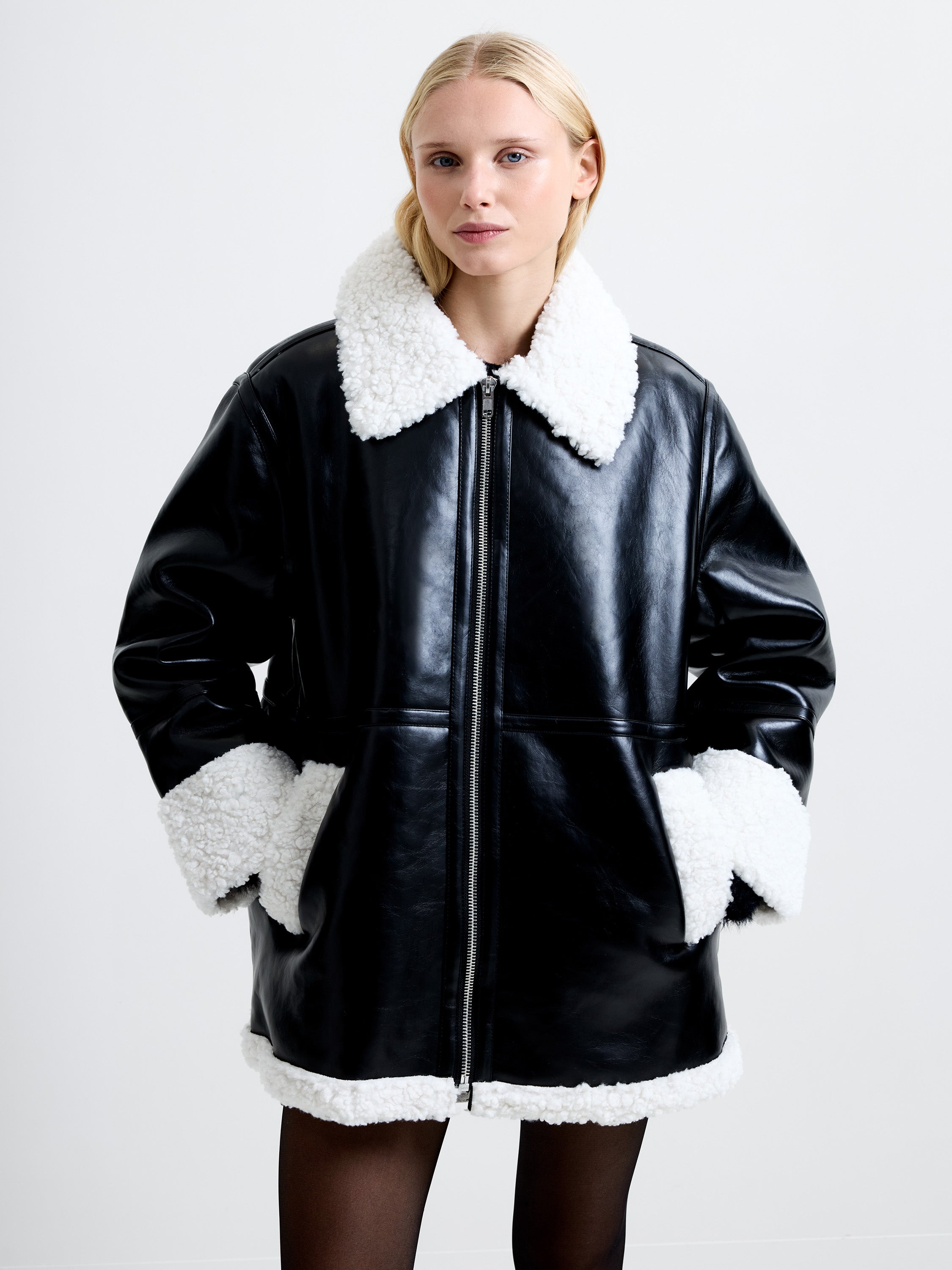 Ajani PU Faux Fur Coat Black Cream | French Connection UK