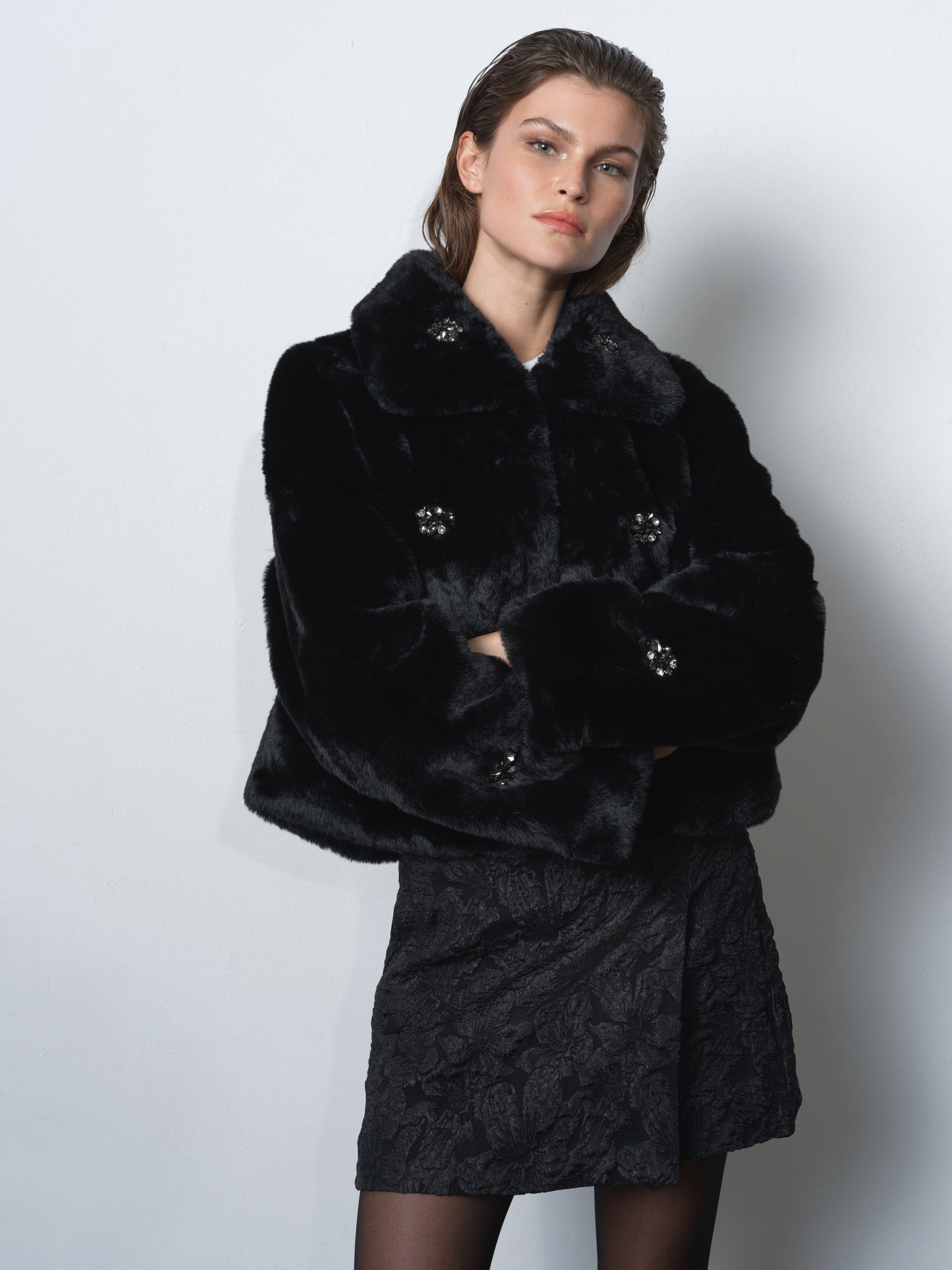 Theresa Faux Fur Diamante Short Coat Blackout Black | French