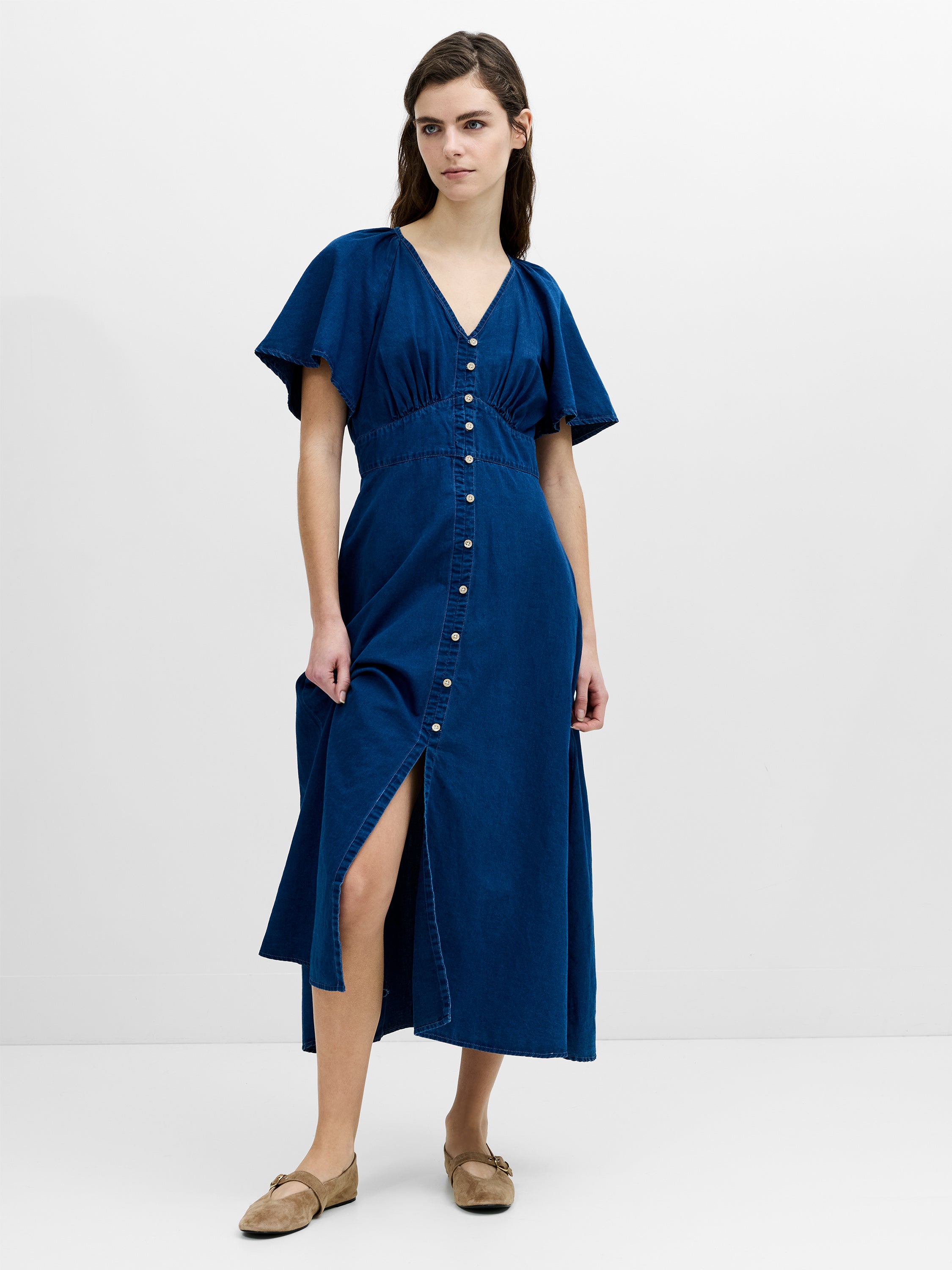 Zaves Chambray Navy Blue Flutter Sleeve Midi Dress