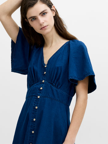 Zaves Chambray Navy Blue Flutter Sleeve Midi Dress