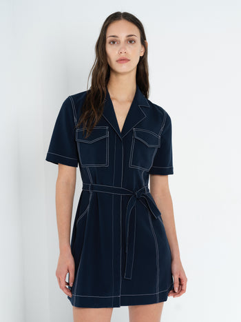 Azra Contrast Stitch Belted Navy Blue Mini Dress