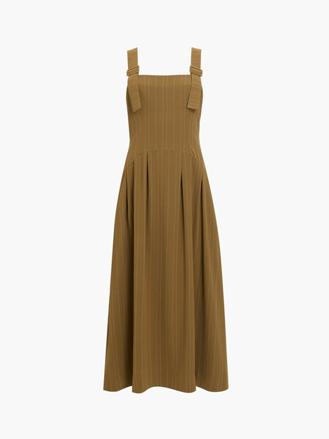 Erma Pinstripe Buckle Strap Khaki Green Midi Dress